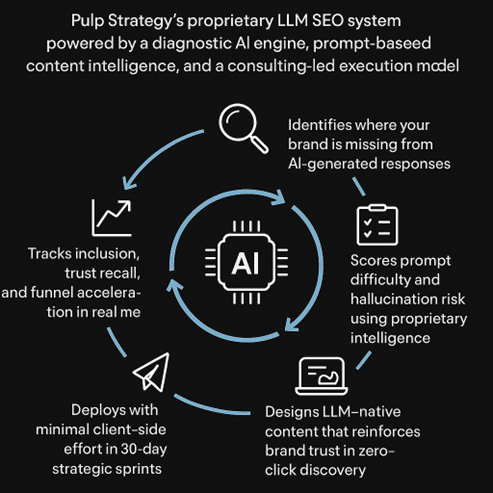 NeuroRank™ is Pulp Strategy’s proprietary LLM SEO system, powered by a diagnostic AI engine, prompt-based content intelligence, and a consulting-led execution model, designed to make your brand discoverable, memorable, and favored by large language models like ChatGPT, Gemini, Claude, and Perplexity.